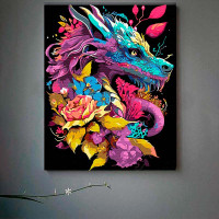 Картина за номерами Дракон у квітках Strateg на чорному фоні 40х50 см AH1037
