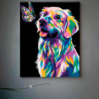 Картина за номерами Поп-арт собака з метеликом Strateg на чорному фоні 40х5 AH1047