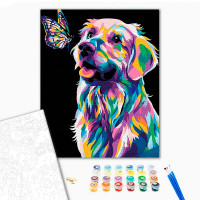 Картина за номерами Поп-арт собака з метеликом Strateg на чорному фоні 40х5 AH1047