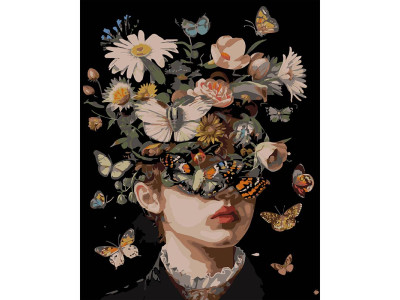 Картина за номерами Stateg Дівчина і метелики на чорному фоні 40х50 см AH1176-19