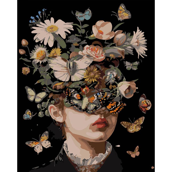 Картина за номерами Stateg Дівчина і метелики на чорному фоні 40х50 см AH1176-19