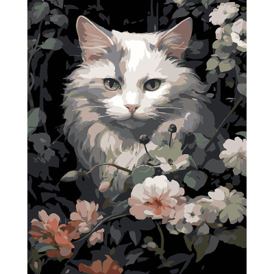 Картина за номерами Stateg Кіт у квітах на чорному фоні 40х50 см AH1191-17