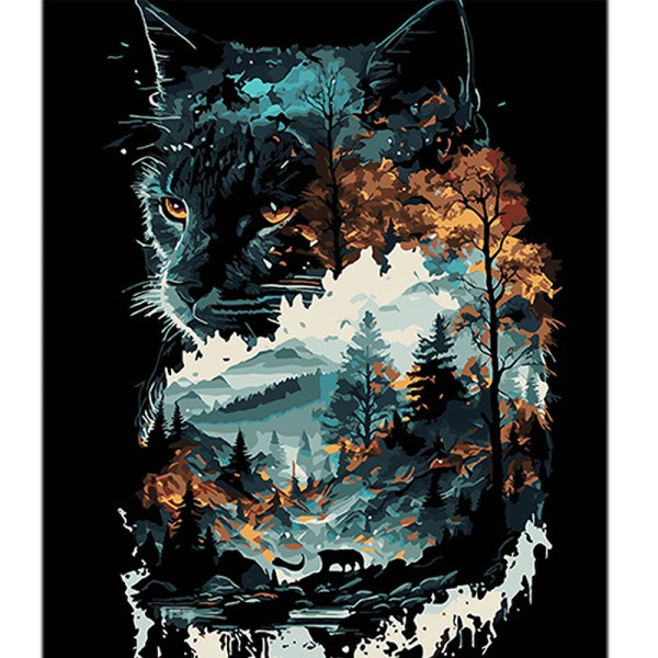 Картина за номерами Stateg Кішка в подвійній експозиції на чорному фоні 40х AH1128