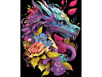 Картина за номерами Дракон у квітках Strateg на чорному фоні 40х50 см AH1037