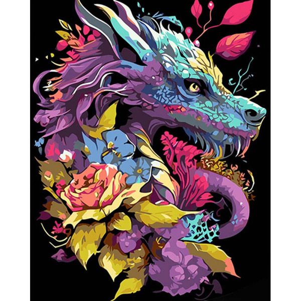 Картина за номерами Дракон у квітках Strateg на чорному фоні 40х50 см AH1037