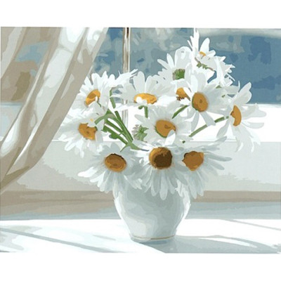 Картина за номерами "Ромашки в білій вазі на вікні" GX22637