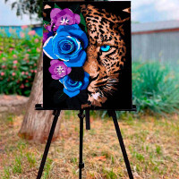 Картина за номерами Леопард у квітах Strateg на чорному фоні 40х50 см AH1033