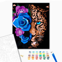 Картина за номерами Леопард у квітах Strateg на чорному фоні 40х50 см AH1033 Картина за номерами Леопард у квітах Strateg на чорному фоні 40х50 см AH1033