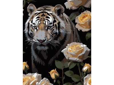 Картина за номерами Stateg Тигр у трояндах на чорному фоні 40х50 см AH1180-19
