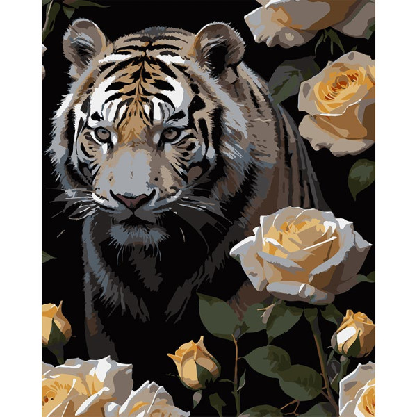 Картина за номерами Stateg Тигр у трояндах на чорному фоні 40х50 см AH1180-19