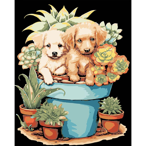 Картина за номерами Stateg Цуценяти на чорному фоні 40х50 см AH1192-16