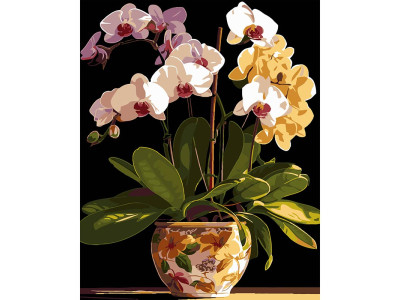 Картина за номерами Stateg Вазон орхідей на чорному фоні 40х50 см AH1198