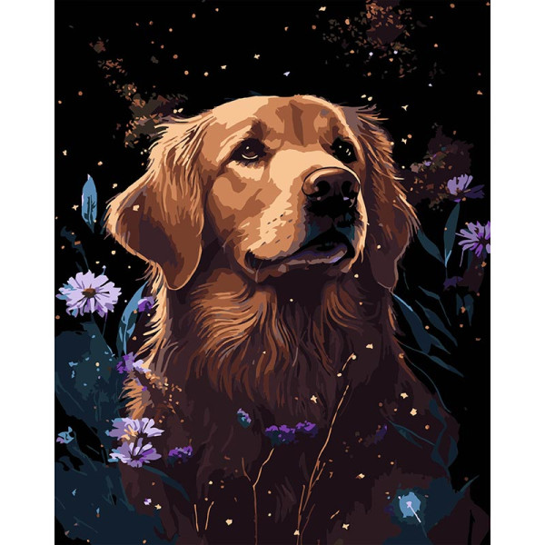 Картина за номерами Stateg Ретривер у квітах на чорному фоні 40х50 см AH1207-17