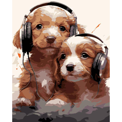 Картина за номерами Stateg Цуценята в навушниках на чорн. фоні 40х50 см AH1218-19