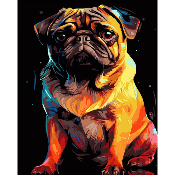 Картина за номерами Stateg Яскравий мопс на чорному фоні 40х50 см AH1223-19
