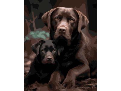 Картина за номерами Strateg Пес з цуценям на чорному фоні 40Х50 см AH1274