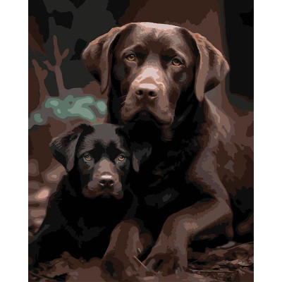 Картина за номерами Strateg Пес з цуценям на чорному фоні 40Х50 см AH1274