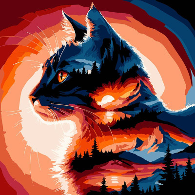 Картина за номерами Stateg Кіт на заході сонця на чорному фоні 30х30 см SH3030-25