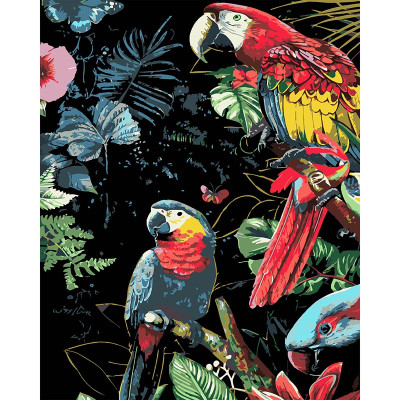 Картина за номерами Stateg Яскраві папуги на чорному фоні 40х50 см AH1201-19