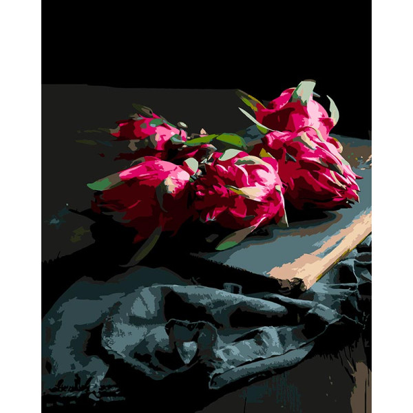Картина за номерами Strateg Квіти на книзі на чорному фоні 40Х50 см AH1275