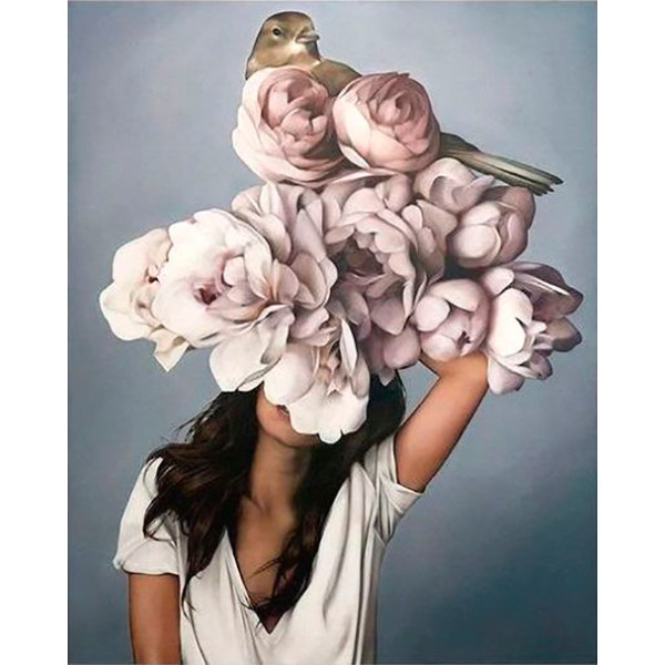 Картина за номерами "Дівчина з півоніями і птахом" тм Лавка Чудес 40 x 50 с LC10072
