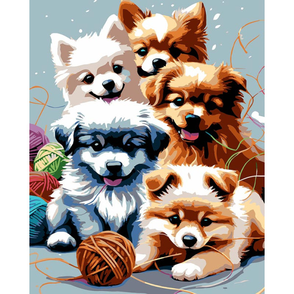 Картина за номерами Stateg Грайливі цуценята на чорному фоні 40х50 см AH1226-19