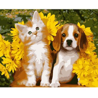 Картина за номерами Stateg Собака та кіт на кольоровому фоні 40х50 см MZ052