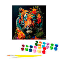 Картина за номерами Яскравий тигр у квітах Strateg на чорному фоні 40х40 см AV4040-8