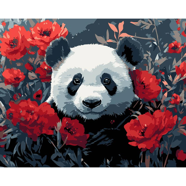 Картина за номерами Stateg Панда в маках на чорному фоні 40х50 см AH1197-15