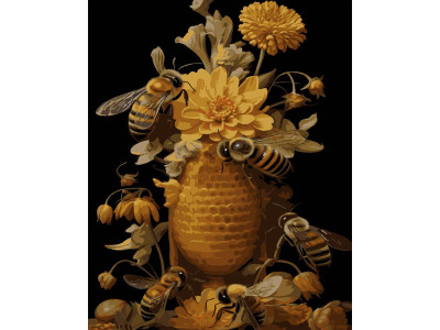 Картина за номерами Stateg Бджоли та квіти на чорному фоні 40х50 см AH1194-16