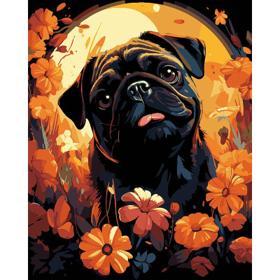 Картина за номерами Stateg Мопс у квітах на чорному фоні 40х50 см AH1228-18