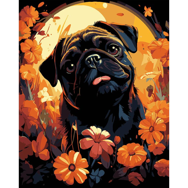 Картина за номерами Stateg Мопс у квітах на чорному фоні 40х50 см AH1228-18