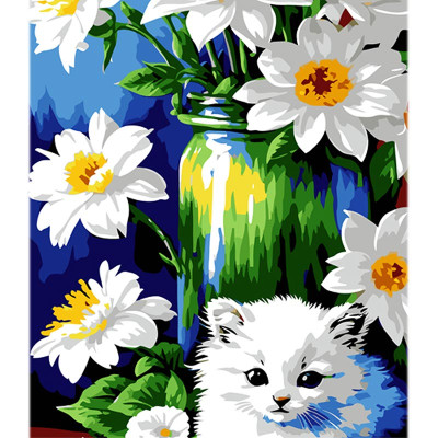 Картина за номерами Stateg Кошеня серед нарцисів на кольоровому фоні 40х50 MZ043