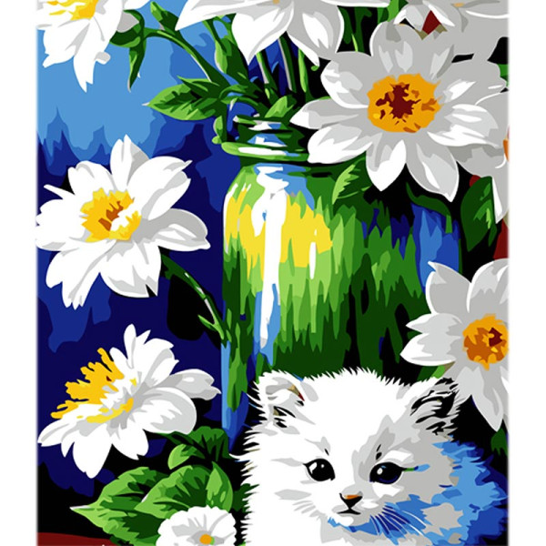 Картина за номерами Stateg Кошеня серед нарцисів на кольоровому фоні 40х50 MZ043