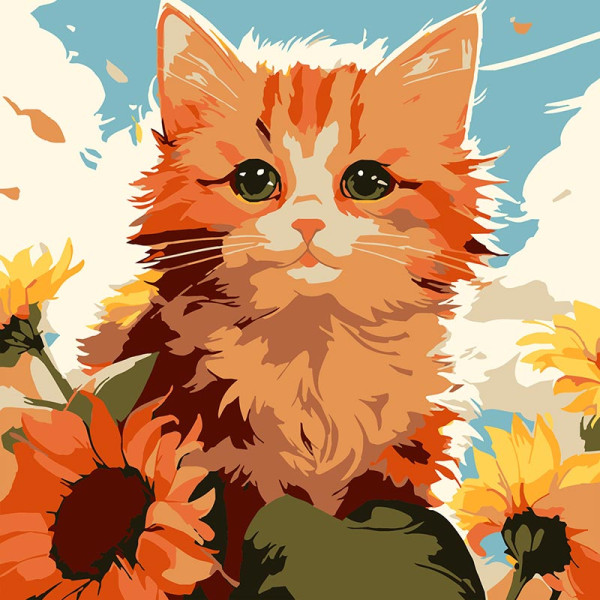 Картина за номерами Strateg Рудий кіт з соняшниками 20x20 см HH8032