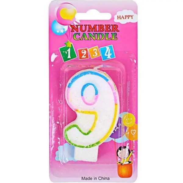 Свічка-цифра з блискітками "9" 10-118