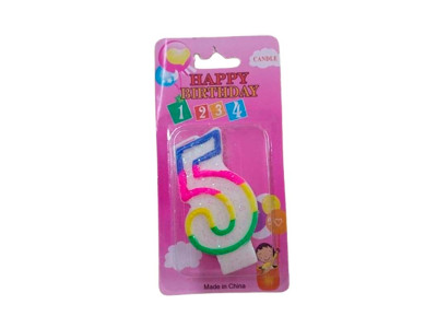 Свічка-цифракольорова з блистками "5" 10-114