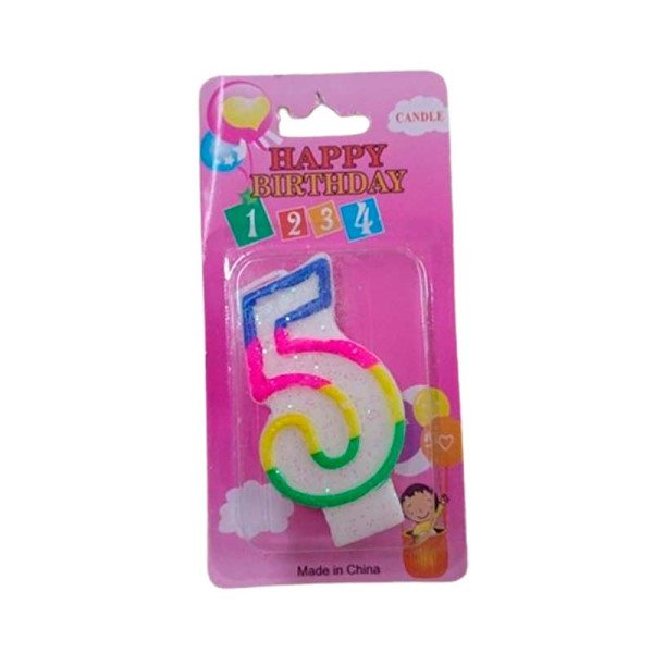 Свічка-цифракольорова з блистками "5" 10-114