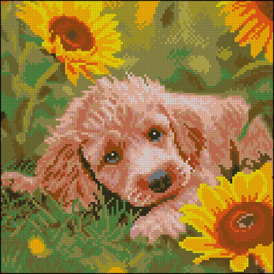 Алмазна картина Strateg Щеня в соняшниках 30x30 см FZ3030-43
