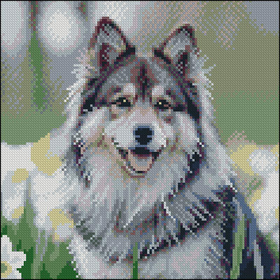 Алмазна картина Strateg Хаскі в квітах 30x30 см FZ3030-44
