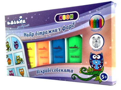 Набір вітражних фарб Яскраві сови NEON 98509 Набір вітражних фарб Яскраві сови NEON 98509