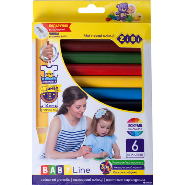 Олівці кольорові "3 в 1" SUPER JUMBO з точилкою 6 кольорів BABY Line ZB.2453 Олівці кольорові "3 в 1" SUPER JUMBO з точилкою 6 кольорів BABY Line ZB.2453