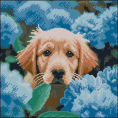 Алмазна картина Strateg Пес у айстрах 30x30 см FZ3030-42